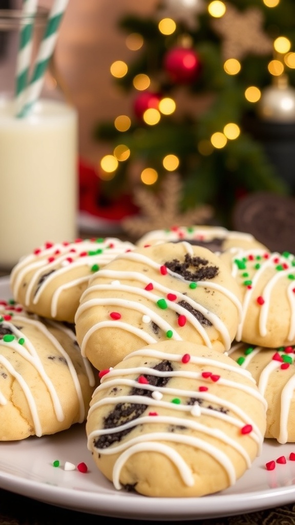 A plate of decorated Oreo Christmas cookies with white chocolate and sprinkles, set against a festive holiday backdrop.